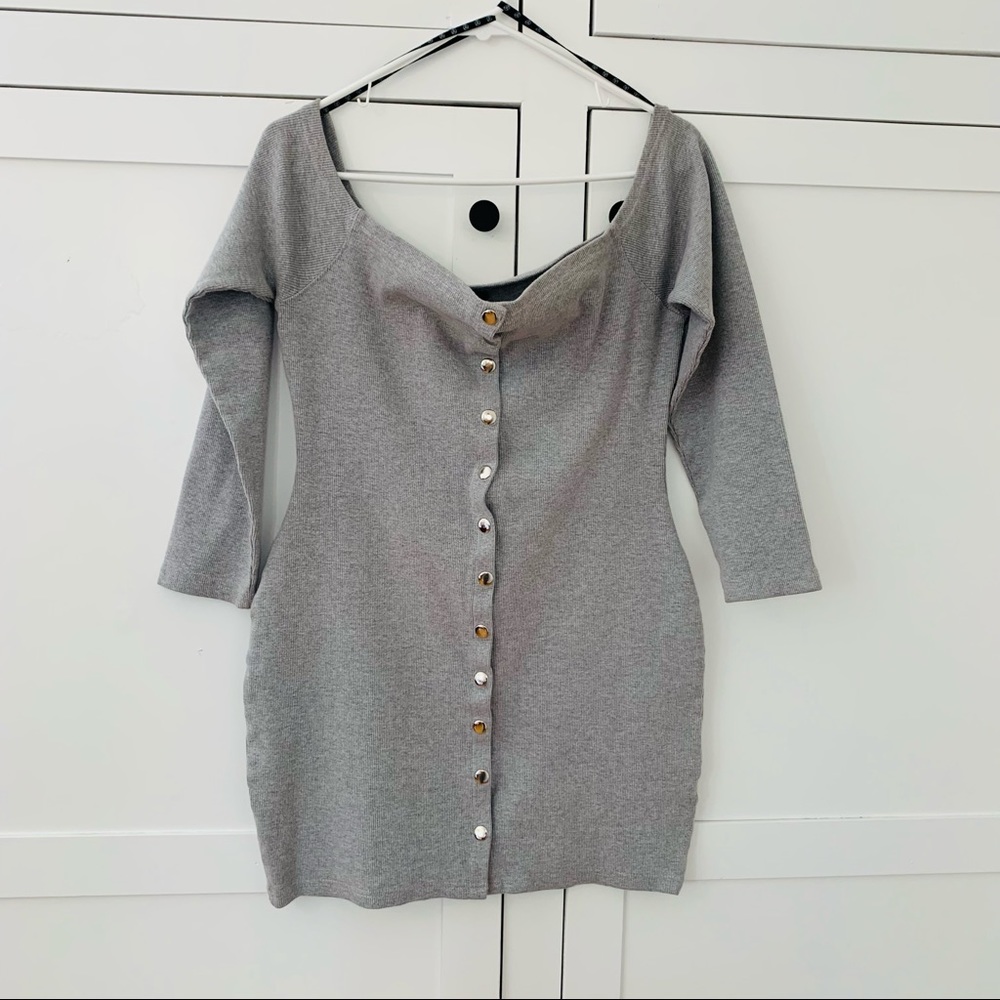 Missguided Gray Ribbed Off The Shoulder Front Buttons Bodycon Long Sleeve 12
